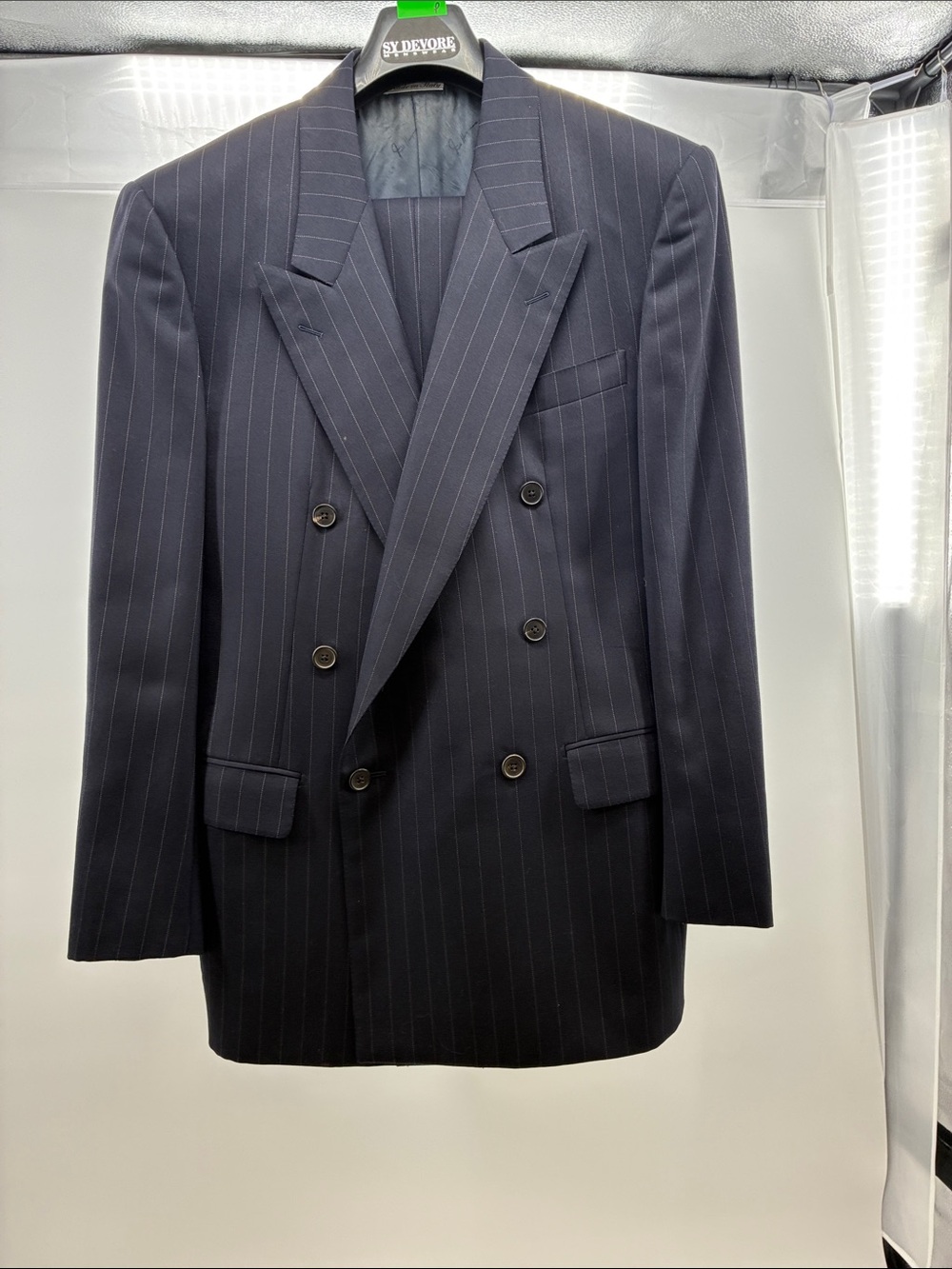 Double-Breasted Pinstripe Suit Blazer in Navy